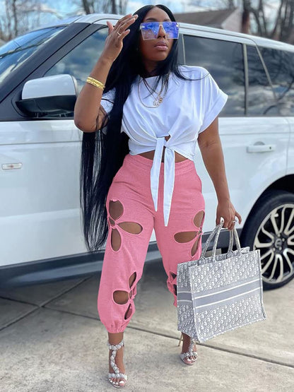 Women 2 Piece Outfits Set Casual Crop Top Shirt Hollowed Out Sweatpants Women Fashion Tracksuit