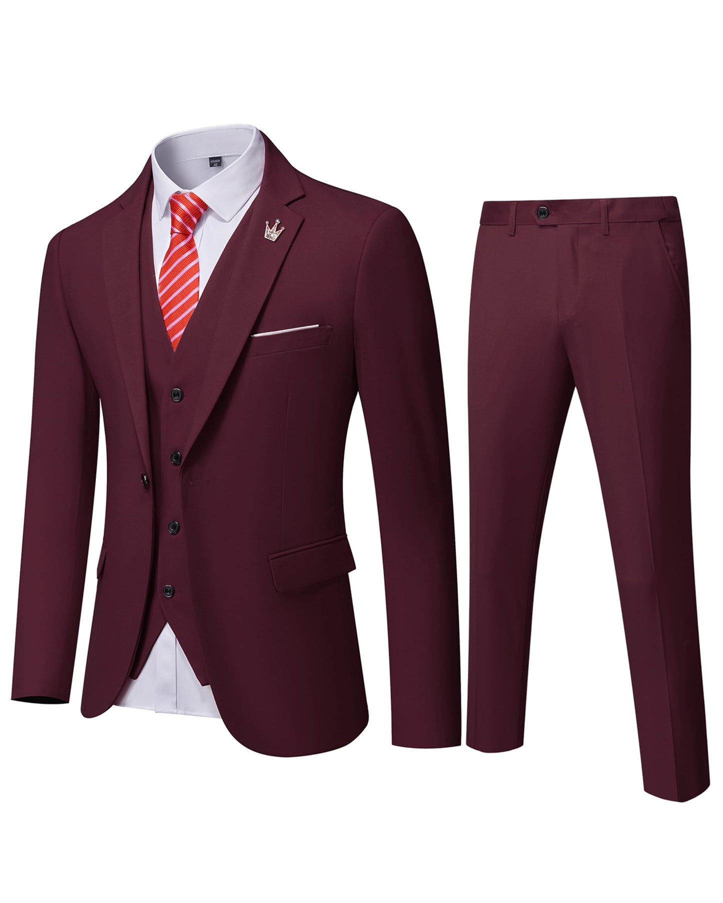 Hihawk Men's 3 Piece Suit with Stretch Fabric, Solid Slim Fit One Button Suit Blazer Set, Jacket Vest Pants with Tie.
