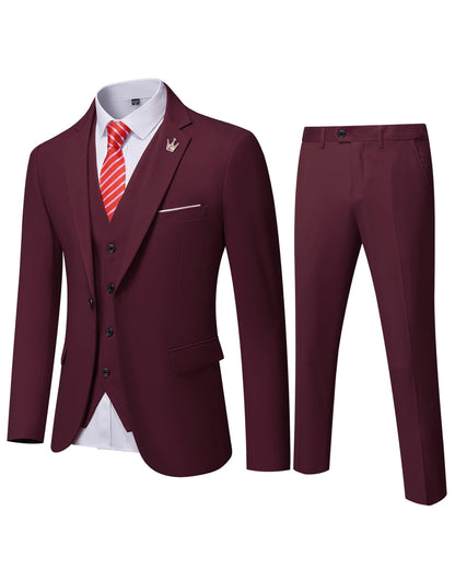Hihawk Men's 3 Piece Suit with Stretch Fabric, Solid Slim Fit One Button Suit Blazer Set, Jacket Vest Pants with Tie.