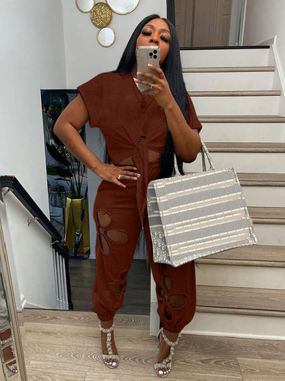 Women 2 Piece Outfits Set Casual Crop Top Shirt Hollowed Out Sweatpants Women Fashion Tracksuit
