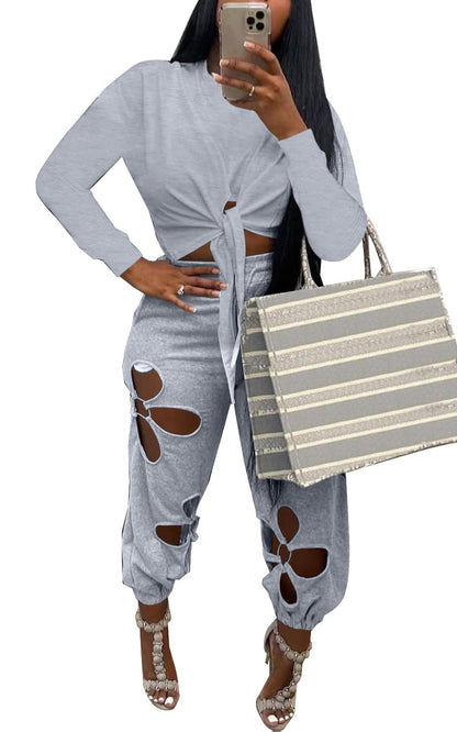 Women 2 Piece Outfits Set Casual Crop Top Shirt Hollowed Out Sweatpants Women Fashion Tracksuit