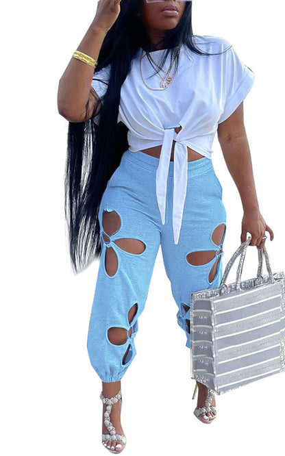 Women 2 Piece Outfits Set Casual Crop Top Shirt Hollowed Out Sweatpants Women Fashion Tracksuit