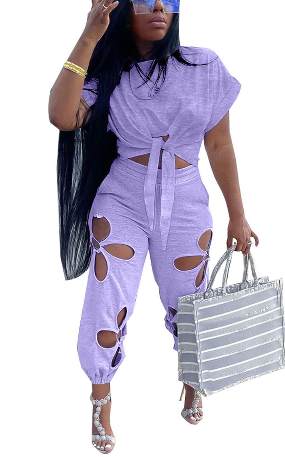 Women 2 Piece Outfits Set Casual Crop Top Shirt Hollowed Out Sweatpants Women Fashion Tracksuit