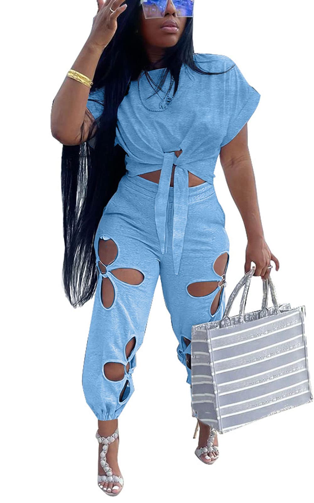 Women 2 Piece Outfits Set Casual Crop Top Shirt Hollowed Out Sweatpants Women Fashion Tracksuit