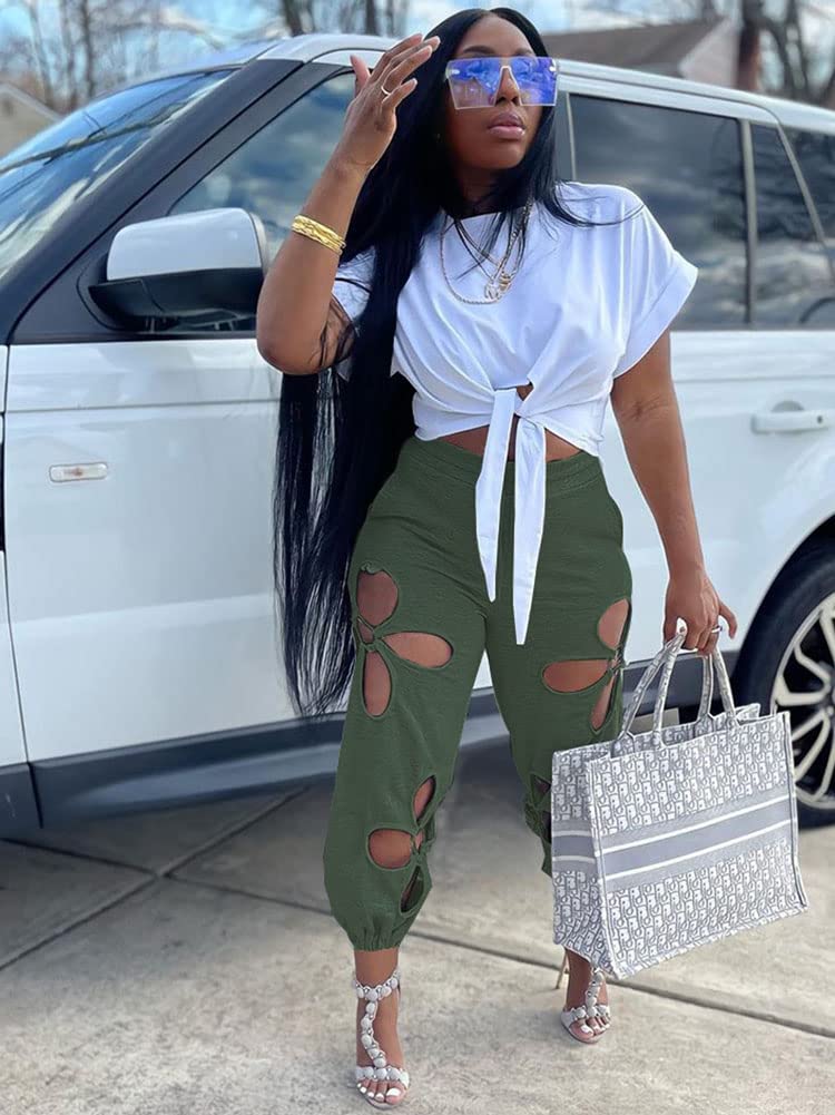 Women 2 Piece Outfits Set Casual Crop Top Shirt Hollowed Out Sweatpants Women Fashion Tracksuit