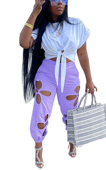 Women 2 Piece Outfits Set Casual Crop Top Shirt Hollowed Out Sweatpants Women Fashion Tracksuit