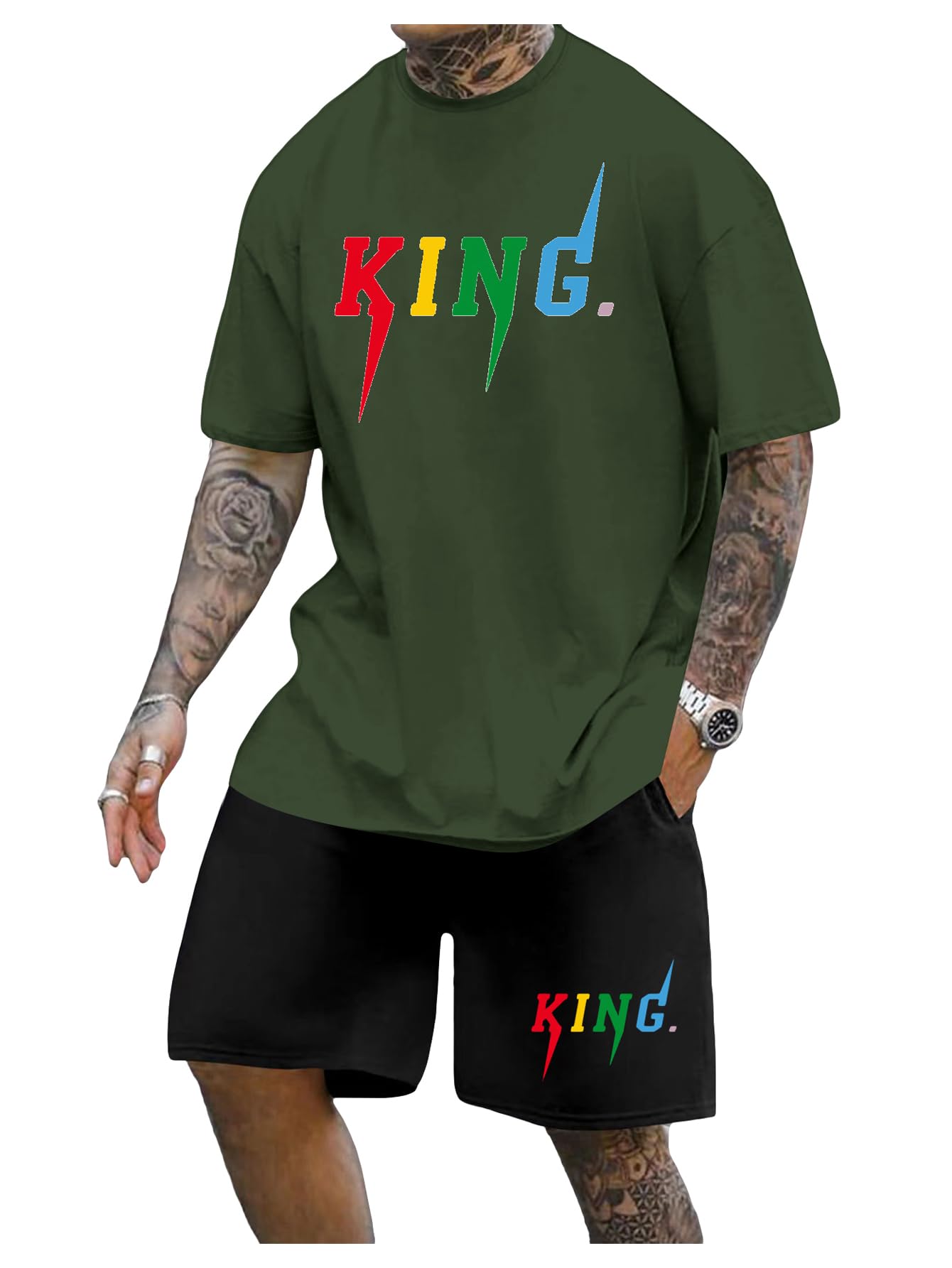 SOLY HUX Men's Letter Graphic Short Sleeve Tee and Drawstring Waist Track Shorts Set Casual 2 Piece Outfit