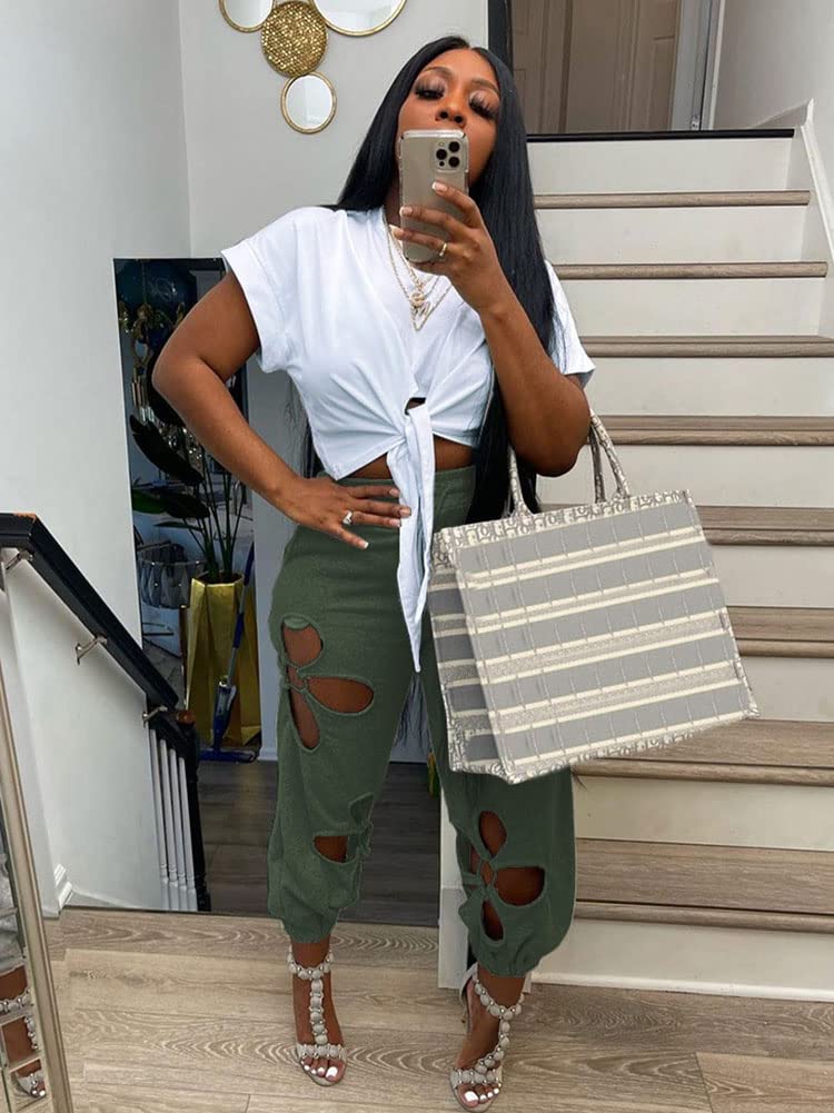 Women 2 Piece Outfits Set Casual Crop Top Shirt Hollowed Out Sweatpants Women Fashion Tracksuit