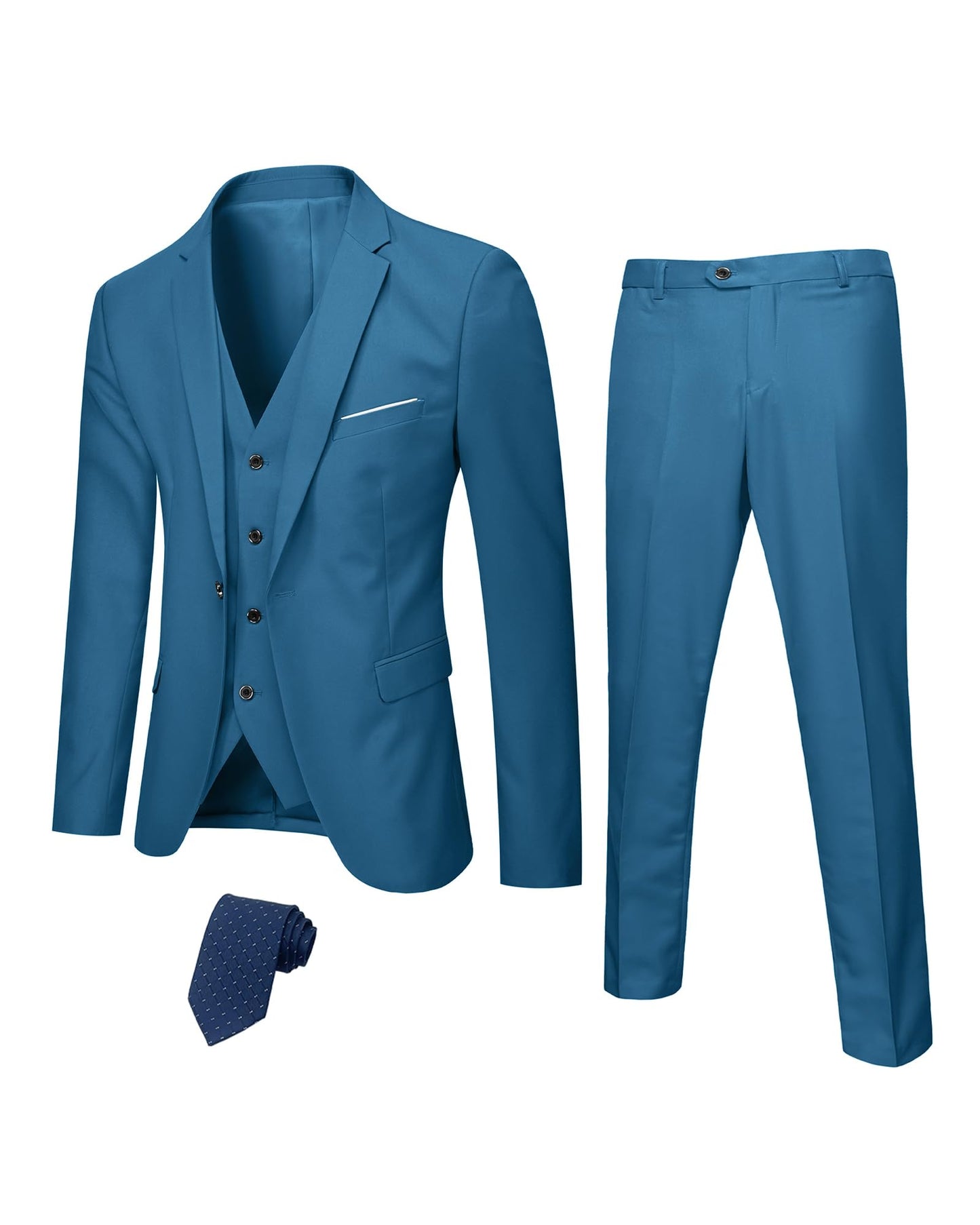 Hihawk Men's 3 Piece Suit with Stretch Fabric, Solid Slim Fit One Button Suit Blazer Set, Jacket Vest Pants with Tie.