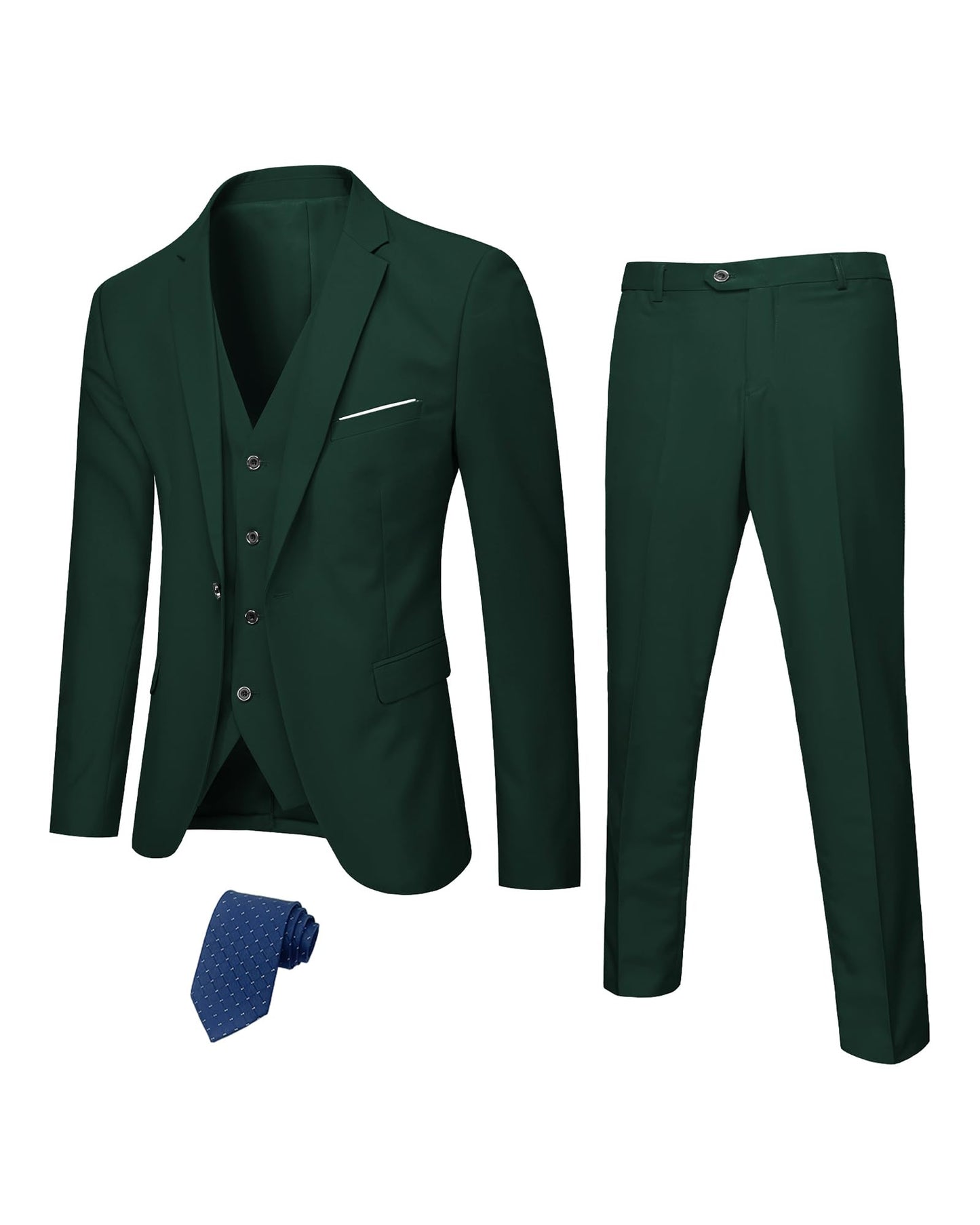 Hihawk Men's 3 Piece Suit with Stretch Fabric, Solid Slim Fit One Button Suit Blazer Set, Jacket Vest Pants with Tie.