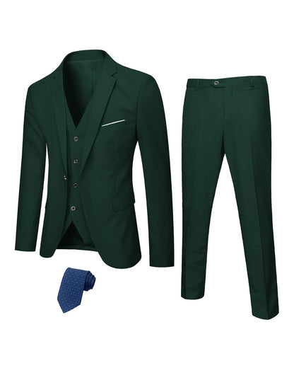 Hihawk Men's 3 Piece Suit with Stretch Fabric, Solid Slim Fit One Button Suit Blazer Set, Jacket Vest Pants with Tie.