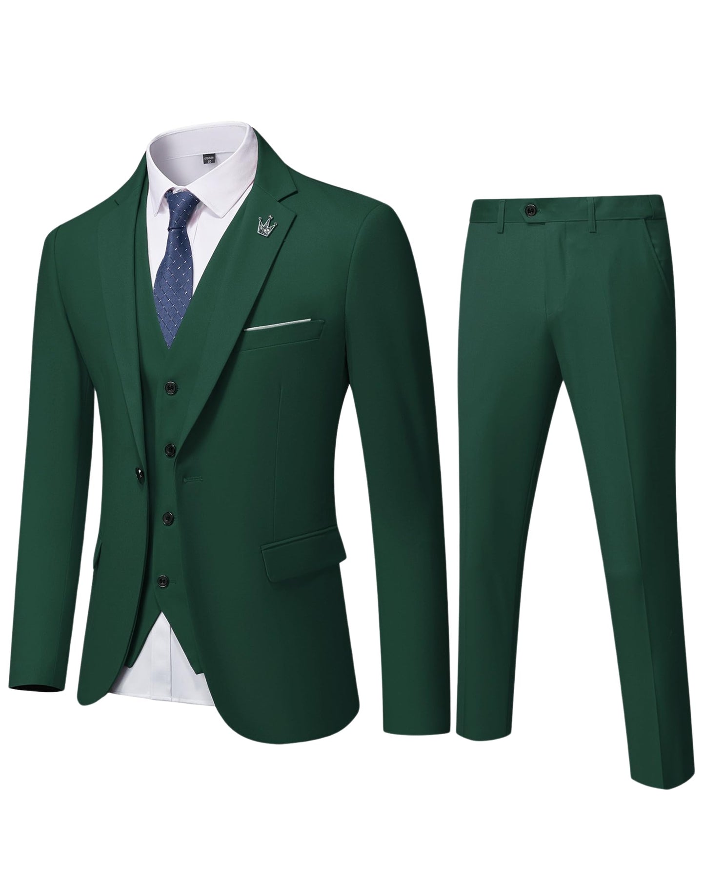 Hihawk Men's 3 Piece Suit with Stretch Fabric, Solid Slim Fit One Button Suit Blazer Set, Jacket Vest Pants with Tie.