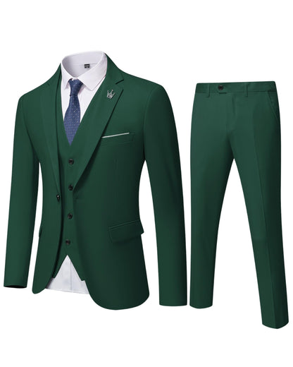 Hihawk Men's 3 Piece Suit with Stretch Fabric, Solid Slim Fit One Button Suit Blazer Set, Jacket Vest Pants with Tie.