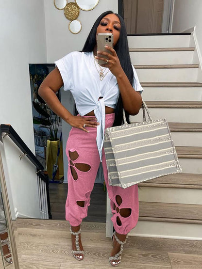 Women 2 Piece Outfits Set Casual Crop Top Shirt Hollowed Out Sweatpants Women Fashion Tracksuit