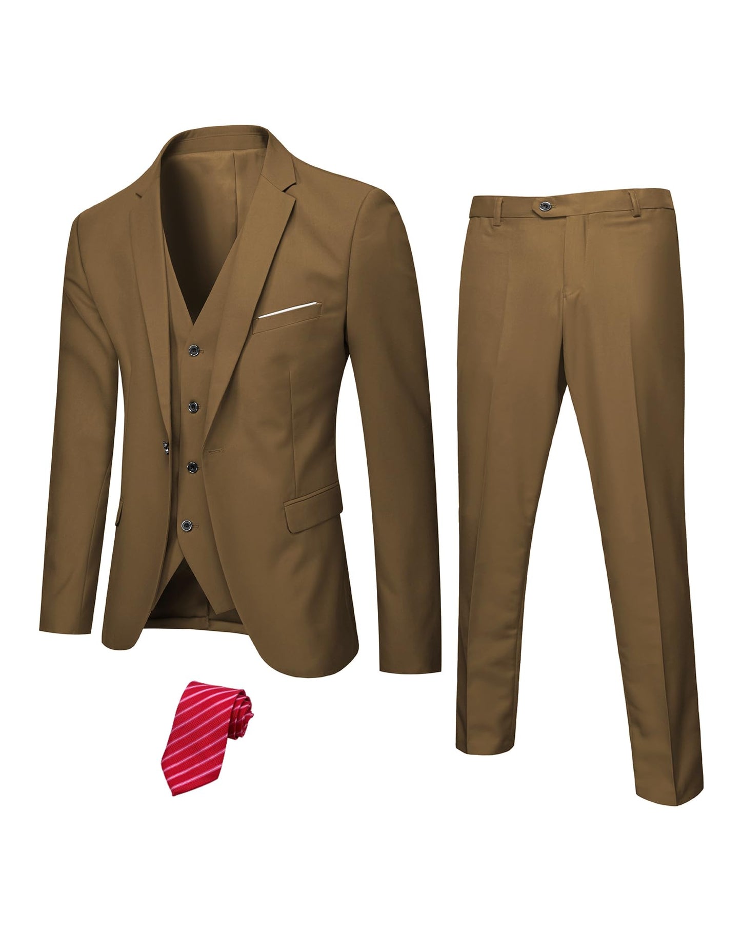 Hihawk Men's 3 Piece Suit with Stretch Fabric, Solid Slim Fit One Button Suit Blazer Set, Jacket Vest Pants with Tie.