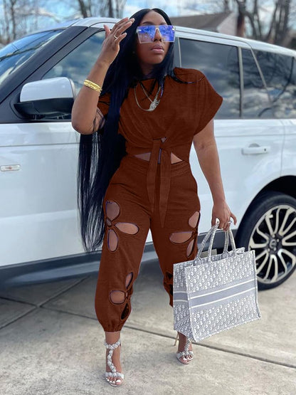 Women 2 Piece Outfits Set Casual Crop Top Shirt Hollowed Out Sweatpants Women Fashion Tracksuit