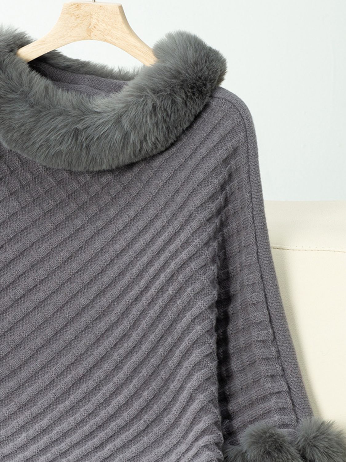 Fuzzy Trim Texture Three-Quarter Sleeve Poncho-****STILL AVAILABLE EMAIL SELLER WITH SIZE & COLOR****