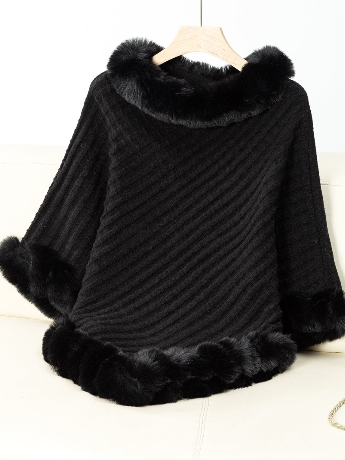 Fuzzy Trim Texture Three-Quarter Sleeve Poncho-****STILL AVAILABLE EMAIL SELLER WITH SIZE & COLOR****