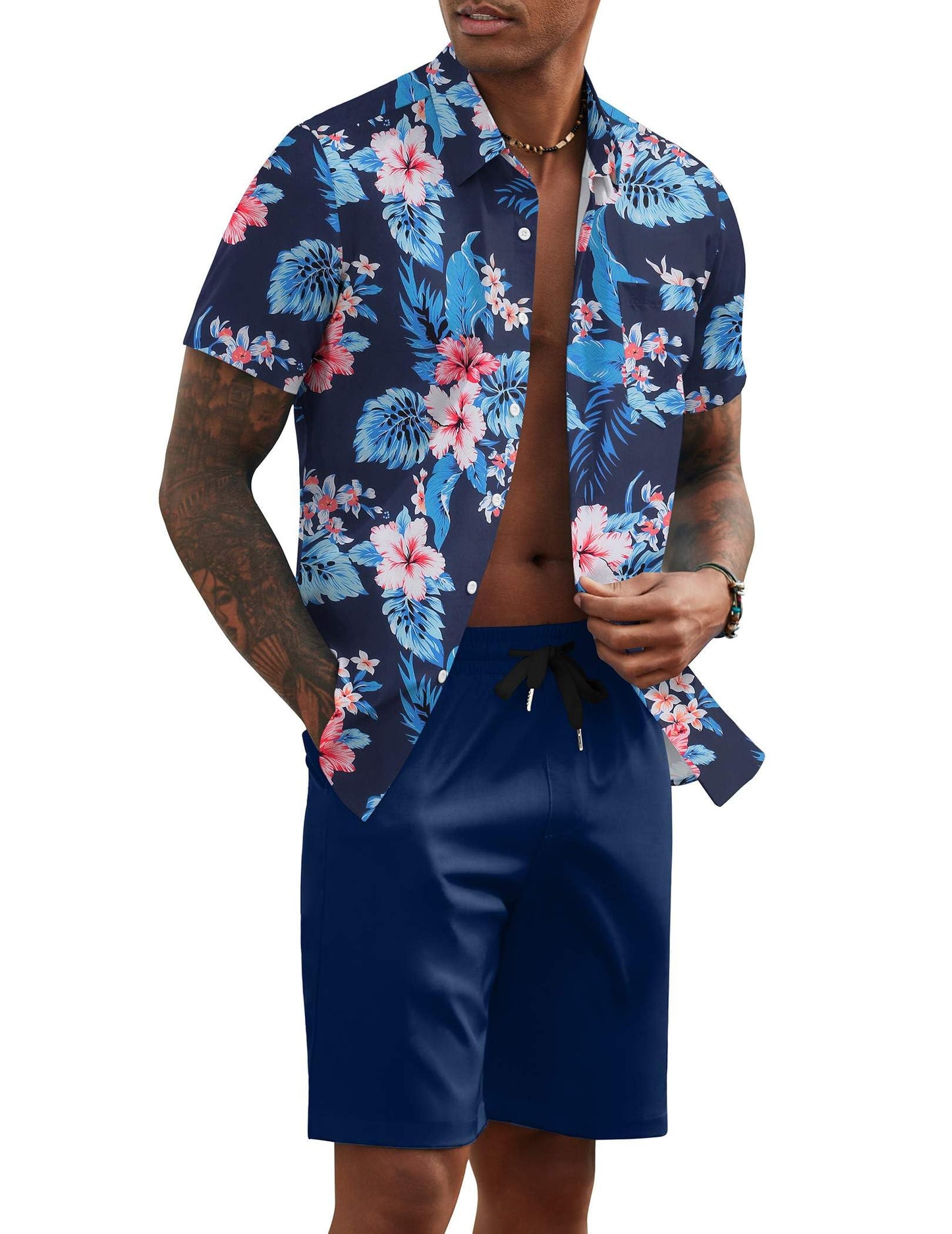 COOFANDY Men's 2 Piece Summer Beach Outfits Tropical Short Sleeve Button Down Shirts and Shorts Hawaiian Vacation Sets