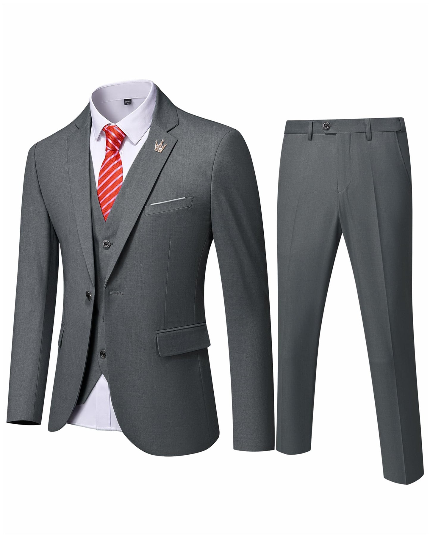 Hihawk Men's 3 Piece Suit with Stretch Fabric, Solid Slim Fit One Button Suit Blazer Set, Jacket Vest Pants with Tie.