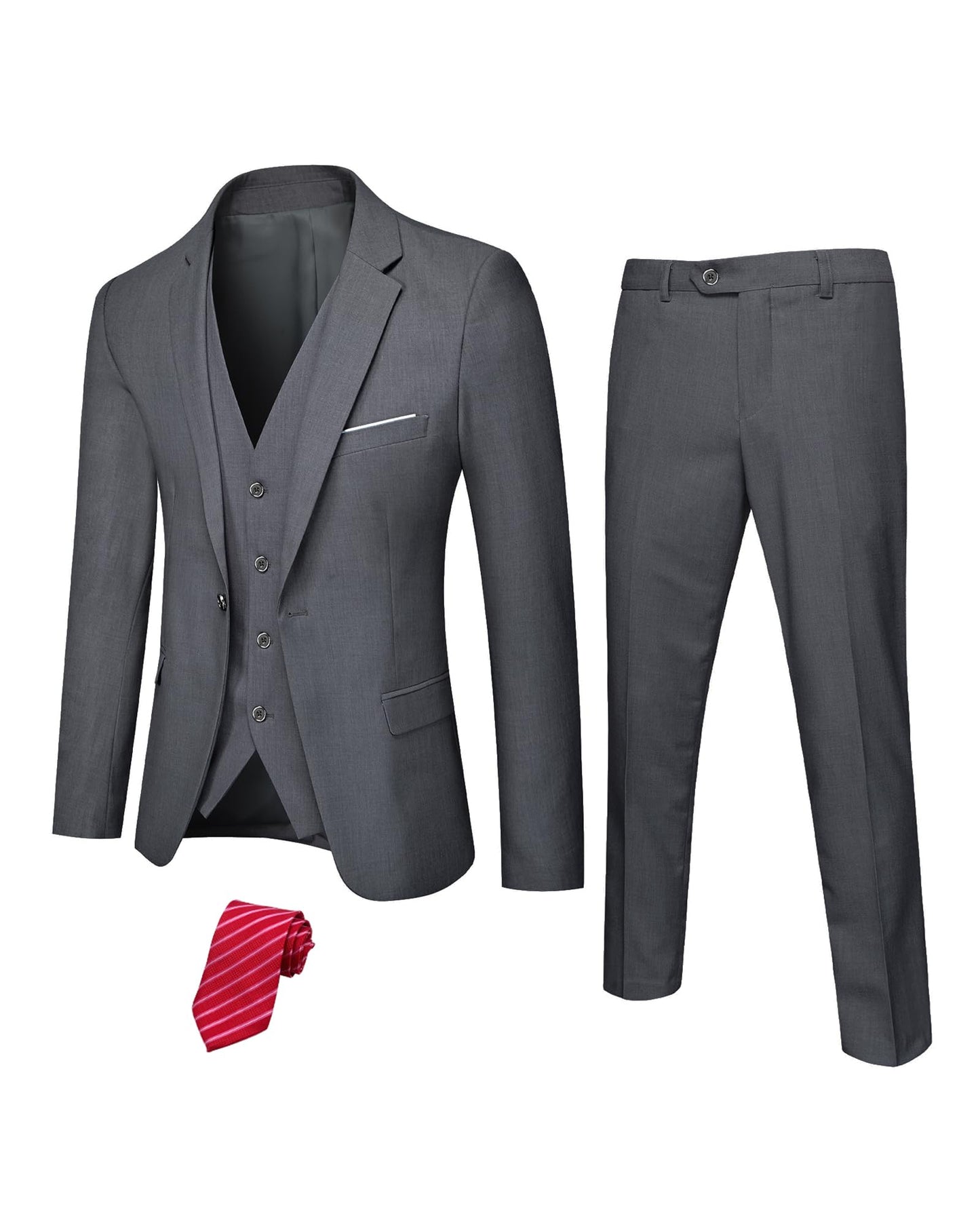 Hihawk Men's 3 Piece Suit with Stretch Fabric, Solid Slim Fit One Button Suit Blazer Set, Jacket Vest Pants with Tie.