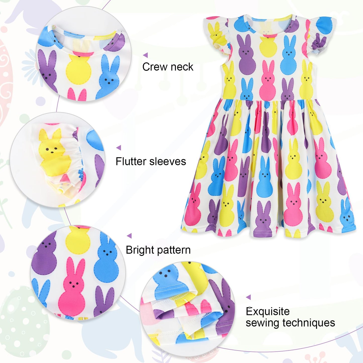 WonderBabe Easter Dresses for Girls Toddler Flutter Sleeve Easter Dress Casual Party School Dresses Clothes for Kids