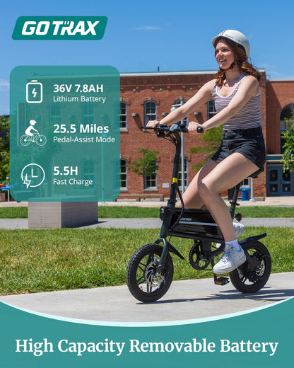 Gotrax Nano 14" Electric Bike, Max Range 25Miles(Pedal-Assist)&Max Speed 15.5Mph, 350W Folding E-Bike with Removable Battery, Adjustable Seat & Dual Mudguards, Commuter Electric Bicycle for Ages 13+
