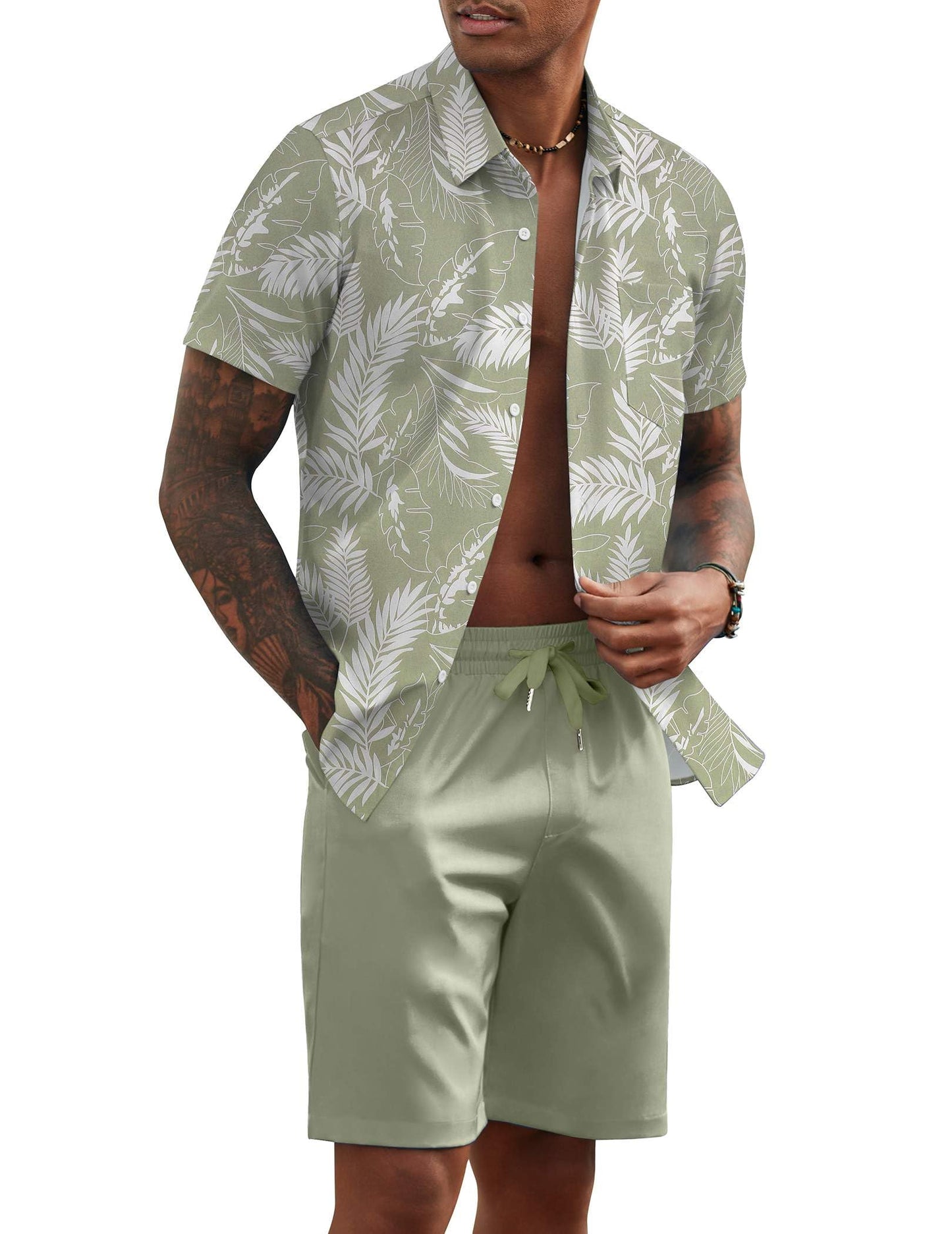 COOFANDY Men's 2 Piece Summer Beach Outfits Tropical Short Sleeve Button Down Shirts and Shorts Hawaiian Vacation Sets