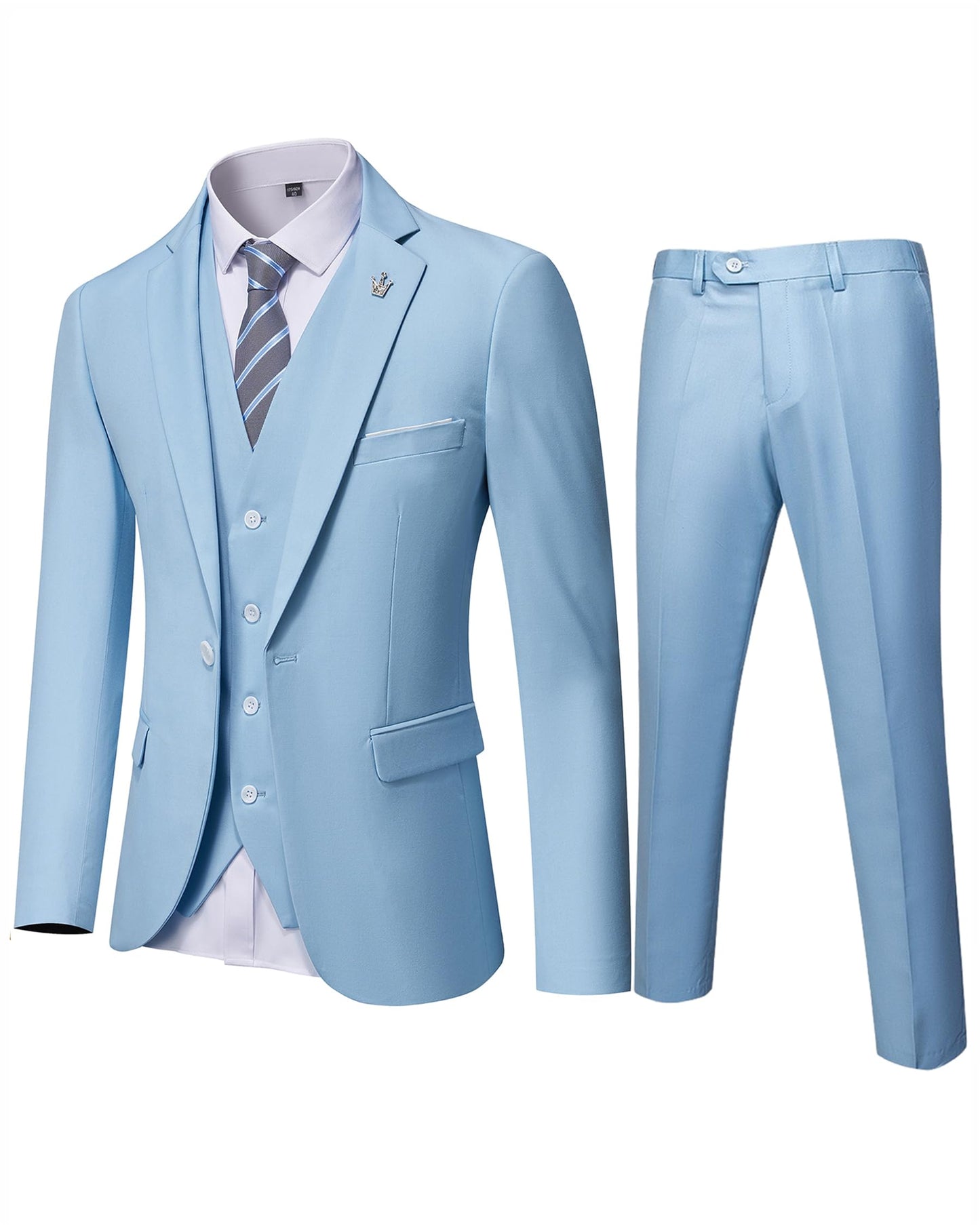 Hihawk Men's 3 Piece Suit with Stretch Fabric, Solid Slim Fit One Button Suit Blazer Set, Jacket Vest Pants with Tie.