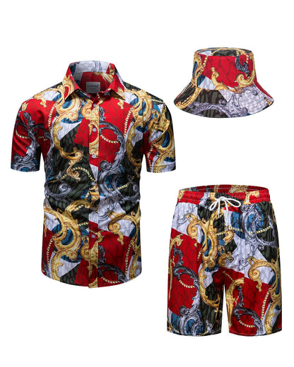 Mens Luxury Outfit Set Black Gold Shirts and Shorts 2 Piece Tracksuit Set Baroque Button Down Suit with Bucket Hats