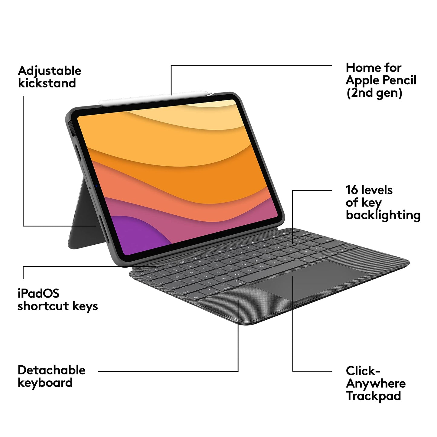 Logitech Combo Touch iPad Air 11-inch (M2) (2024), iPad Air (4th & 5th gen - 2020, 2022) Keyboard Case - Detachable Backlit Keyboard with Kickstand - Midnight Black