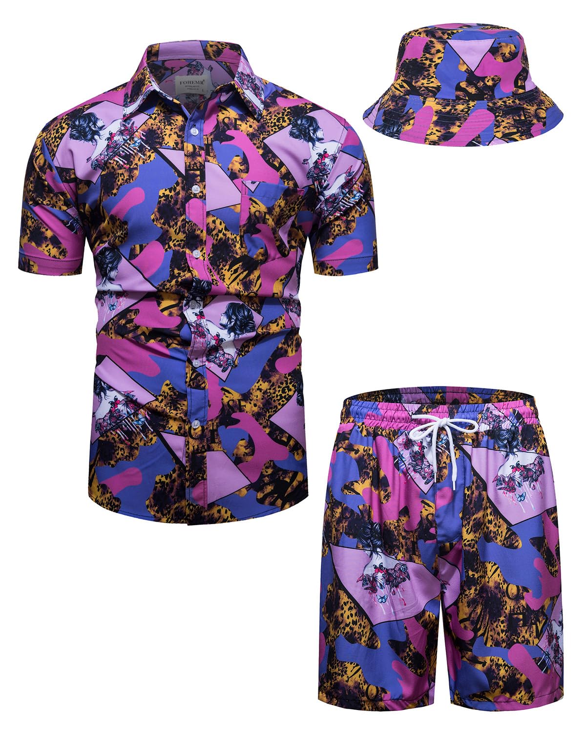Mens Luxury Outfit Set Black Gold Shirts and Shorts 2 Piece Tracksuit Set Baroque Button Down Suit with Bucket Hats