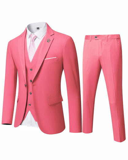 Hihawk Men's 3 Piece Suit with Stretch Fabric, Solid Slim Fit One Button Suit Blazer Set, Jacket Vest Pants with Tie.