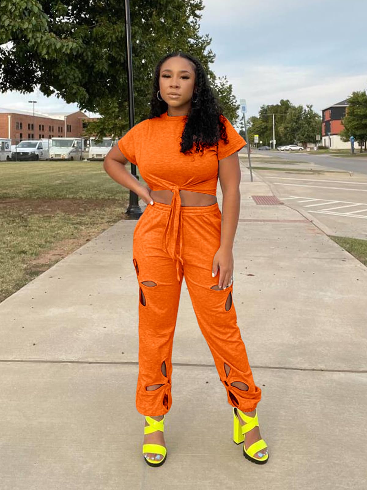 Women 2 Piece Outfits Set Casual Crop Top Shirt Hollowed Out Sweatpants Women Fashion Tracksuit