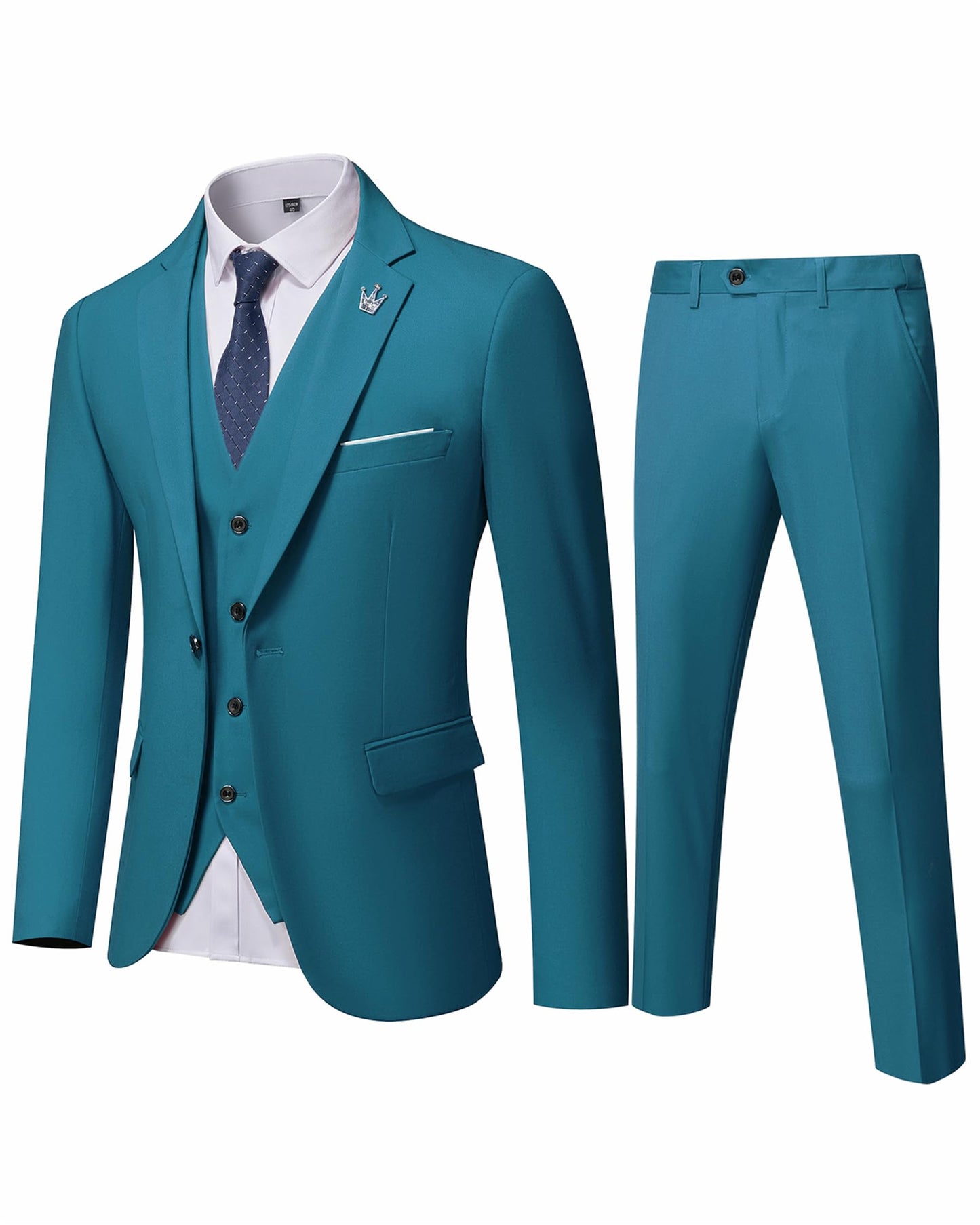 Hihawk Men's 3 Piece Suit with Stretch Fabric, Solid Slim Fit One Button Suit Blazer Set, Jacket Vest Pants with Tie.