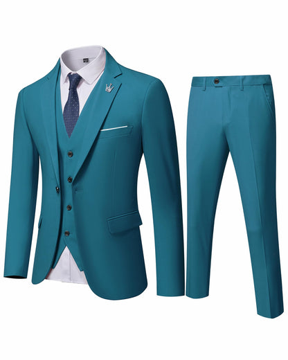 Hihawk Men's 3 Piece Suit with Stretch Fabric, Solid Slim Fit One Button Suit Blazer Set, Jacket Vest Pants with Tie.