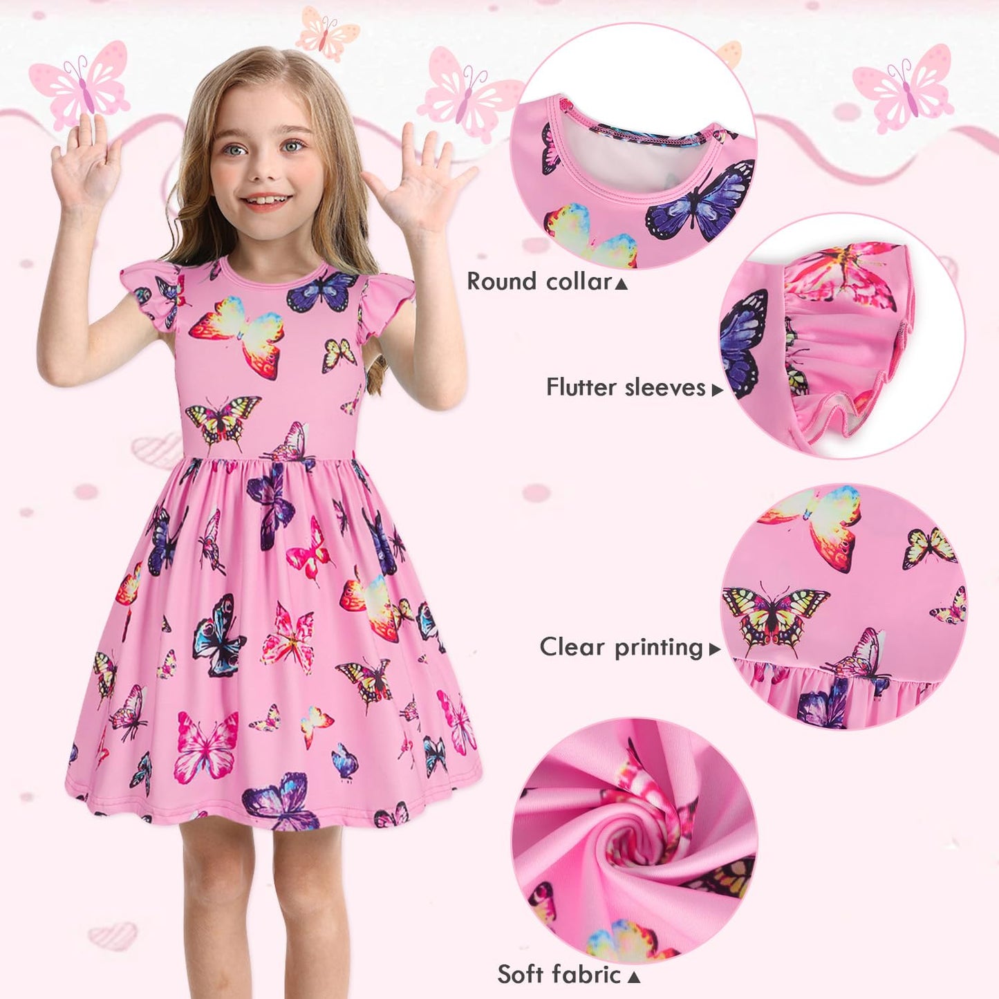 WonderBabe Easter Dresses for Girls Toddler Flutter Sleeve Easter Dress Casual Party School Dresses Clothes for Kids