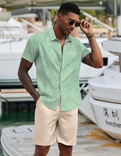 COOFANDY Men's 2 Piece Summer Beach Outfits Tropical Short Sleeve Button Down Shirts and Shorts Hawaiian Vacation Sets