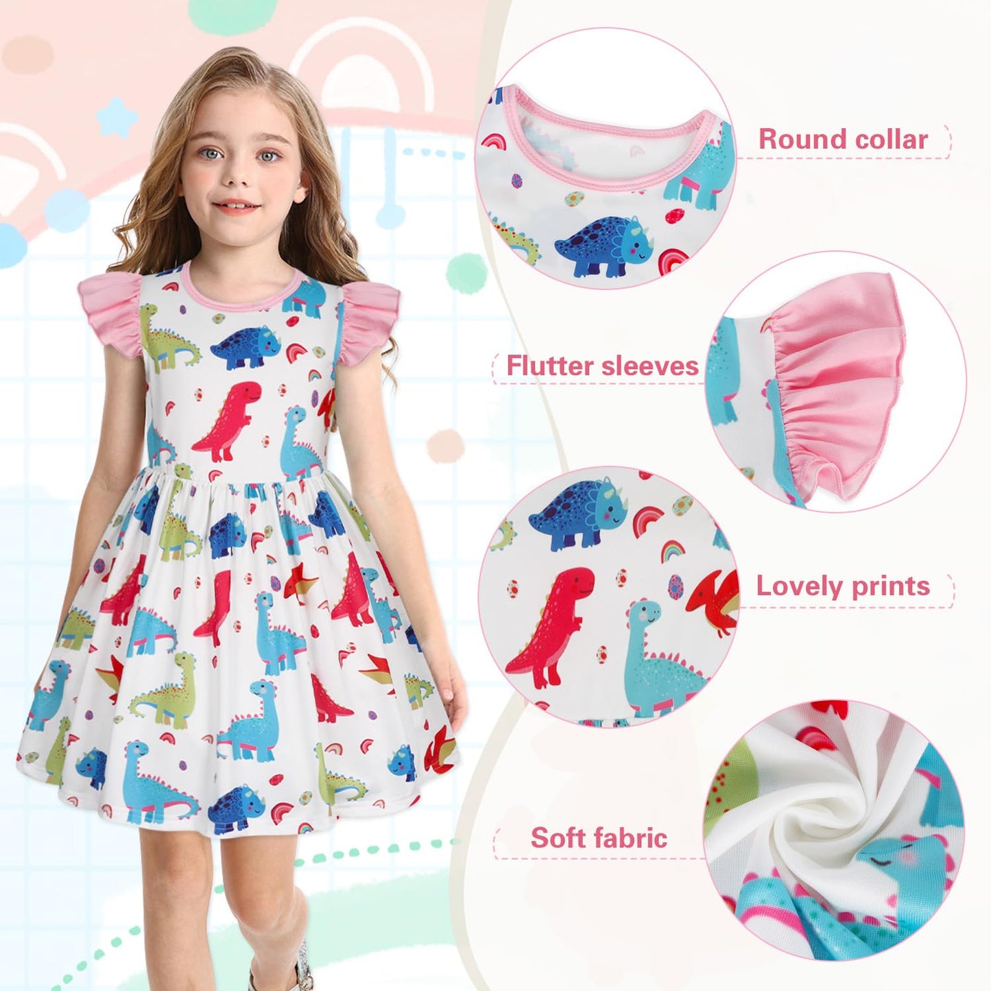 WonderBabe Easter Dresses for Girls Toddler Flutter Sleeve Easter Dress Casual Party School Dresses Clothes for Kids