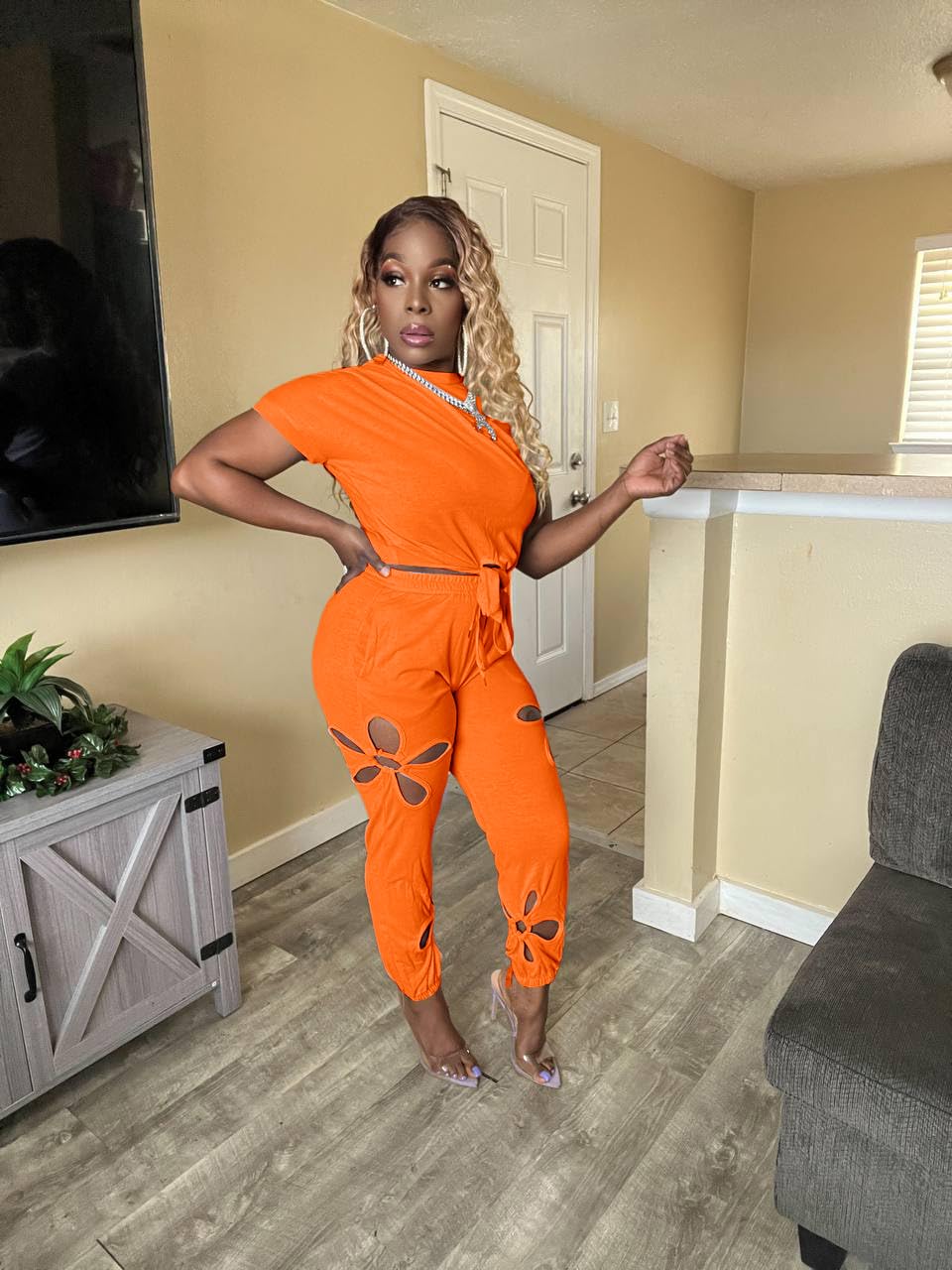 Women 2 Piece Outfits Set Casual Crop Top Shirt Hollowed Out Sweatpants Women Fashion Tracksuit