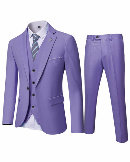 Hihawk Men's 3 Piece Suit with Stretch Fabric, Solid Slim Fit One Button Suit Blazer Set, Jacket Vest Pants with Tie.