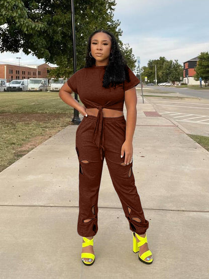Women 2 Piece Outfits Set Casual Crop Top Shirt Hollowed Out Sweatpants Women Fashion Tracksuit
