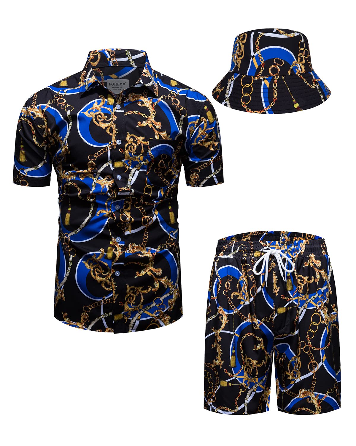 Mens Luxury Outfit Set Black Gold Shirts and Shorts 2 Piece Tracksuit Set Baroque Button Down Suit with Bucket Hats
