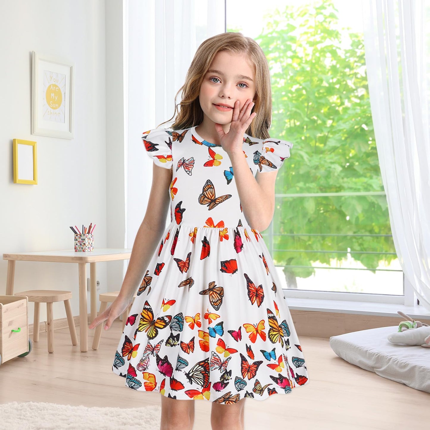 WonderBabe Easter Dresses for Girls Toddler Flutter Sleeve Easter Dress Casual Party School Dresses Clothes for Kids