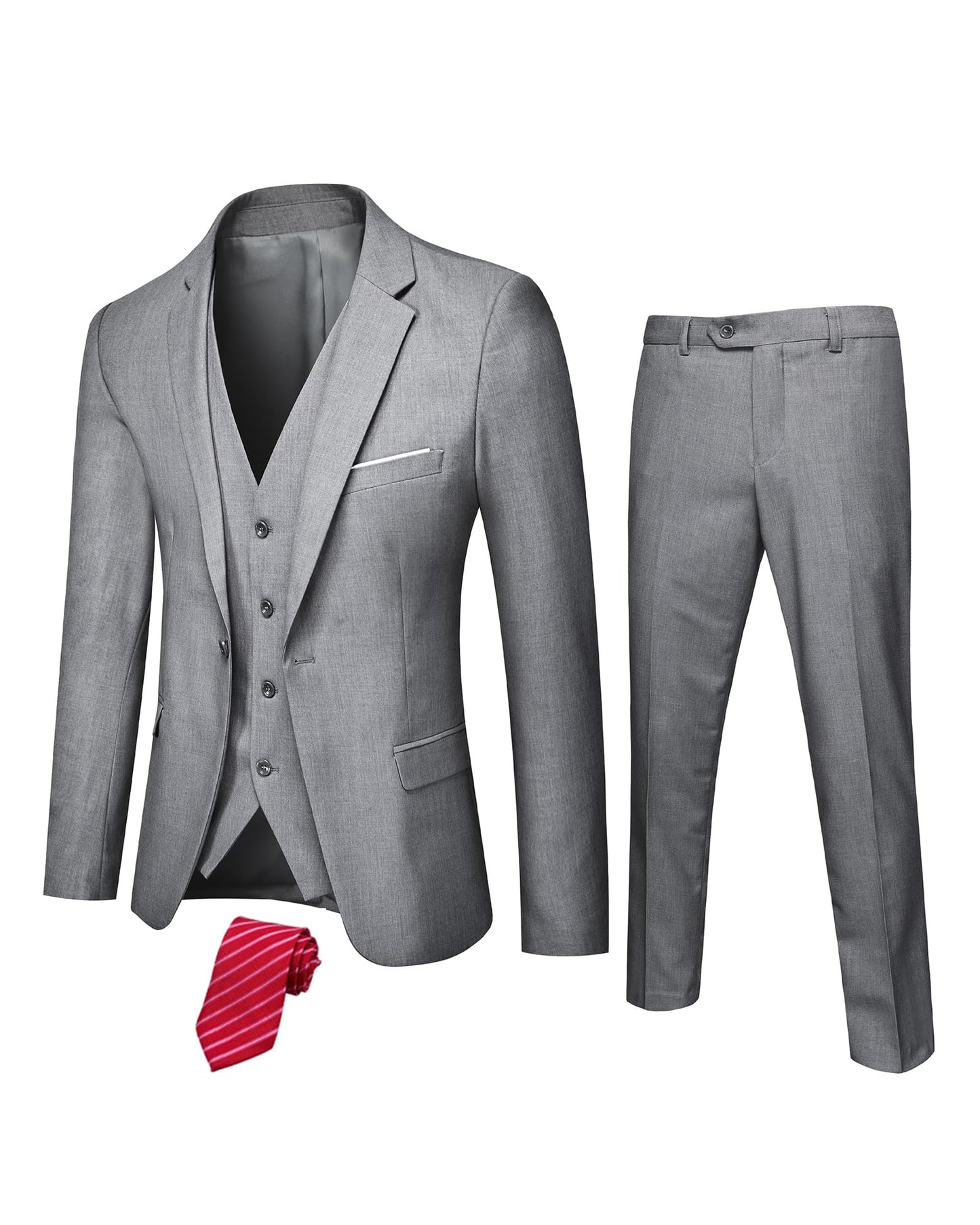Hihawk Men's 3 Piece Suit with Stretch Fabric, Solid Slim Fit One Button Suit Blazer Set, Jacket Vest Pants with Tie.
