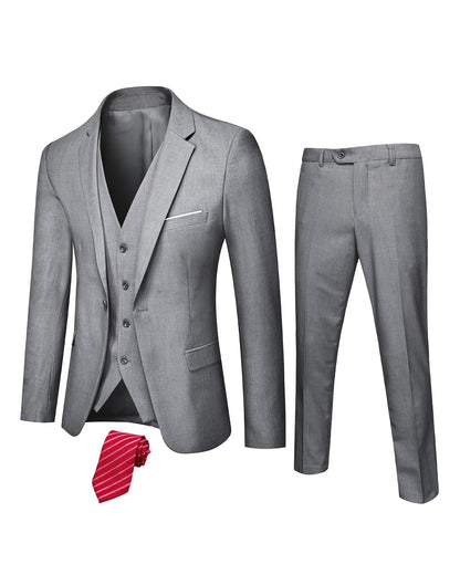 Hihawk Men's 3 Piece Suit with Stretch Fabric, Solid Slim Fit One Button Suit Blazer Set, Jacket Vest Pants with Tie.