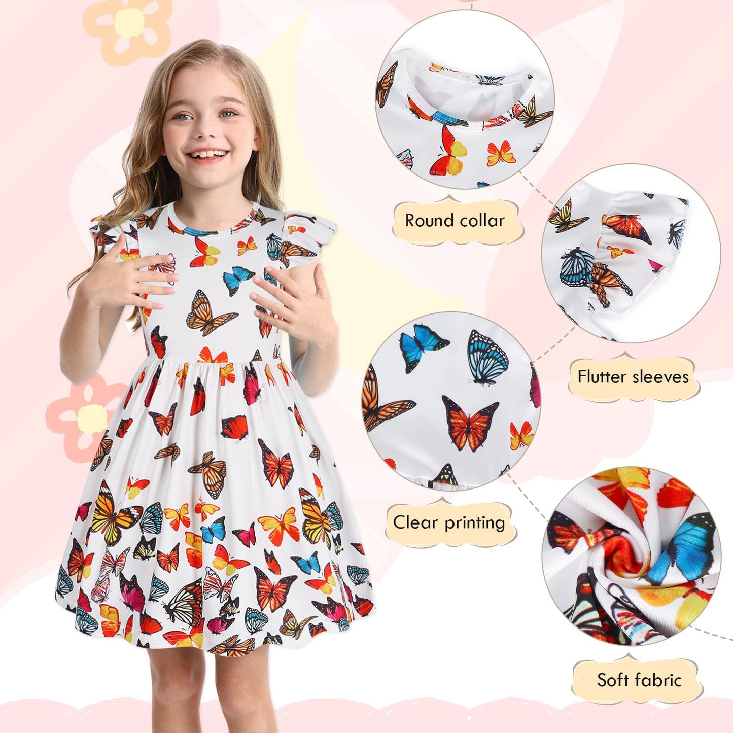 WonderBabe Easter Dresses for Girls Toddler Flutter Sleeve Easter Dress Casual Party School Dresses Clothes for Kids