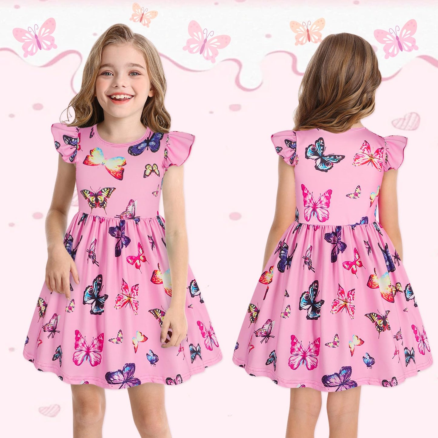WonderBabe Easter Dresses for Girls Toddler Flutter Sleeve Easter Dress Casual Party School Dresses Clothes for Kids