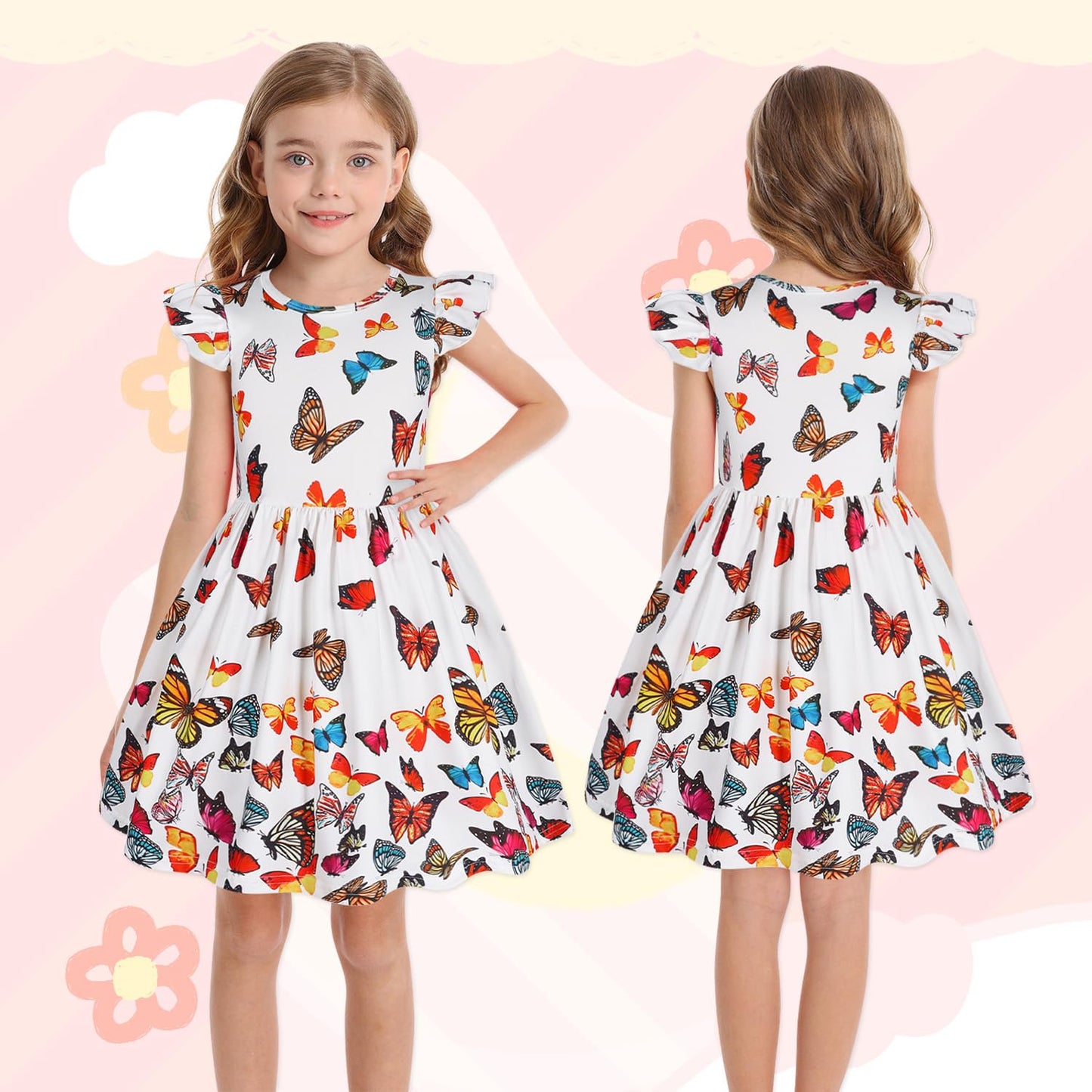 WonderBabe Easter Dresses for Girls Toddler Flutter Sleeve Easter Dress Casual Party School Dresses Clothes for Kids