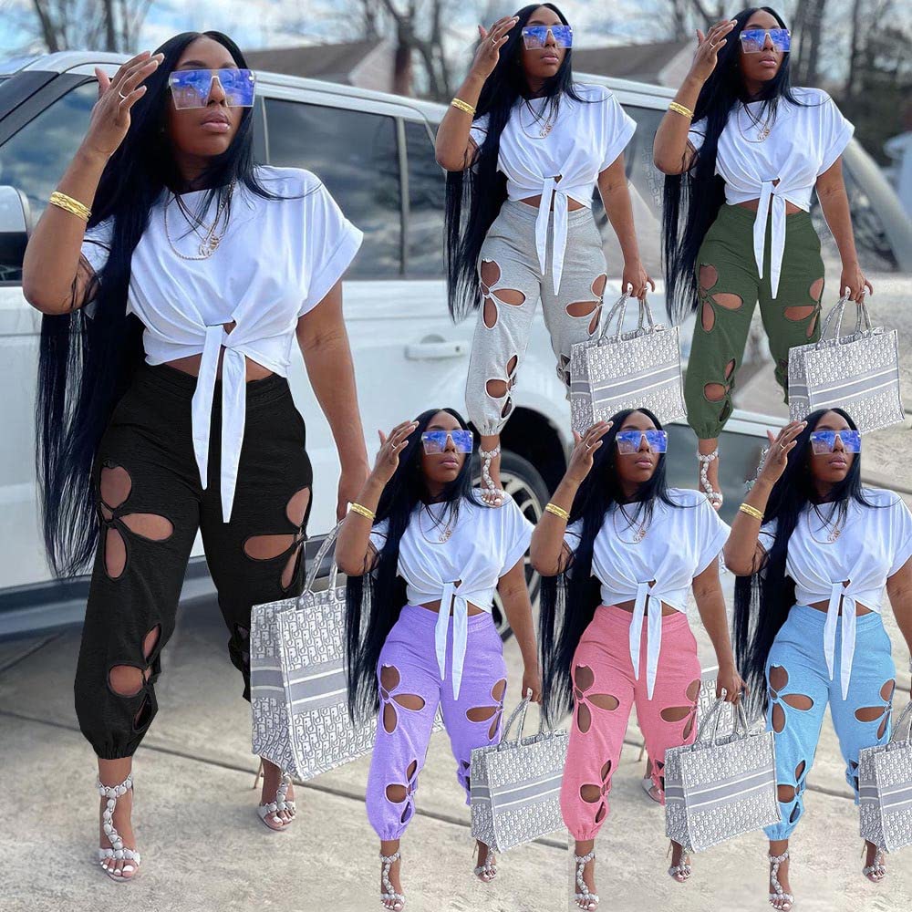 Women 2 Piece Outfits Set Casual Crop Top Shirt Hollowed Out Sweatpants Women Fashion Tracksuit